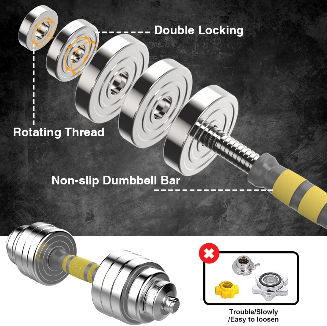 Adjustable Dumbbell Set - 44/66/88 LBS Weights Set, Dumbbell Barbell 3 in 1, Steel Dumbbells Pair with Connecting Rod for Adults Women Men Fitness Workout, Home Gym Exercise Training Equipment