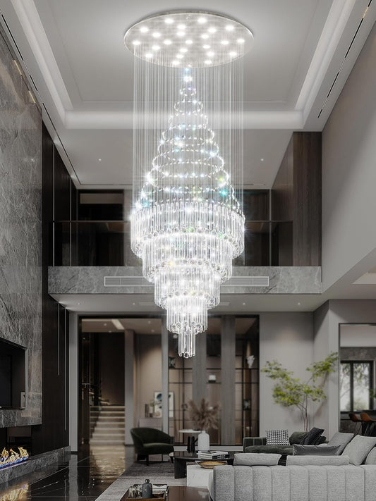 D40''X H110'' Modern Foyer Chandeliers for High Ceiling Raindrop Luxurious Flush Mount Light Fixture for Foyer Crystal Pendant Light Dimmable Lighting with Remote Straircase Fixture