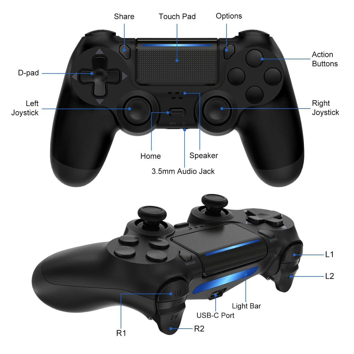 PS4 Controller Wireless, with Vibration Feedback, Motion Sensing, Touchpad, Light Bar, Share, Speaker, 3.5Mm Headphone Jack (Black)