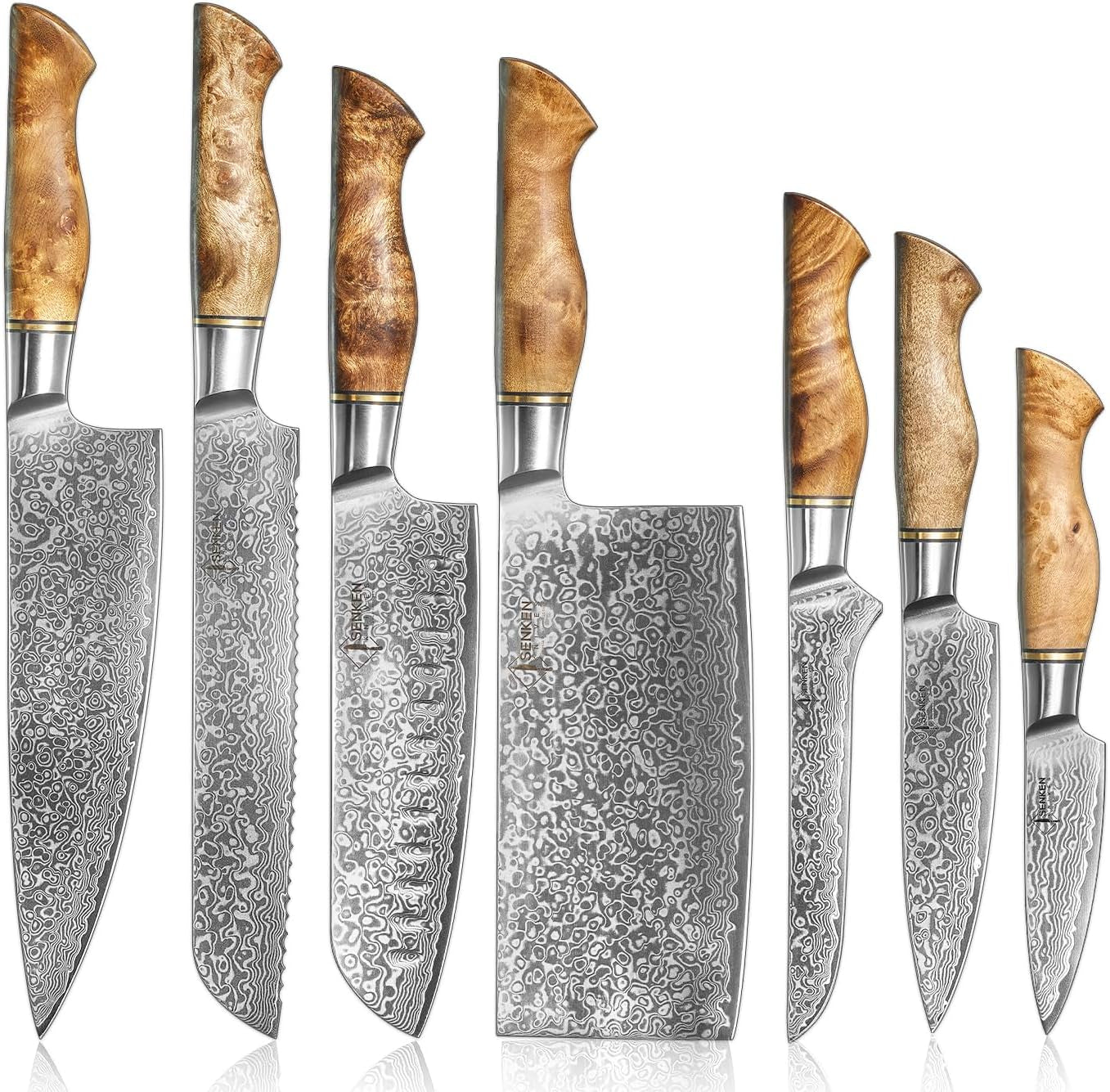 SENKEN 7-Piece Damascus Kitchen Knife Set - Dynasty Collection - 67-Layer Japanese VG10 Steel with Sycamore Wood Handles, Chef'S Knife, Cleaver, Bread, Santoku, Boning, & More