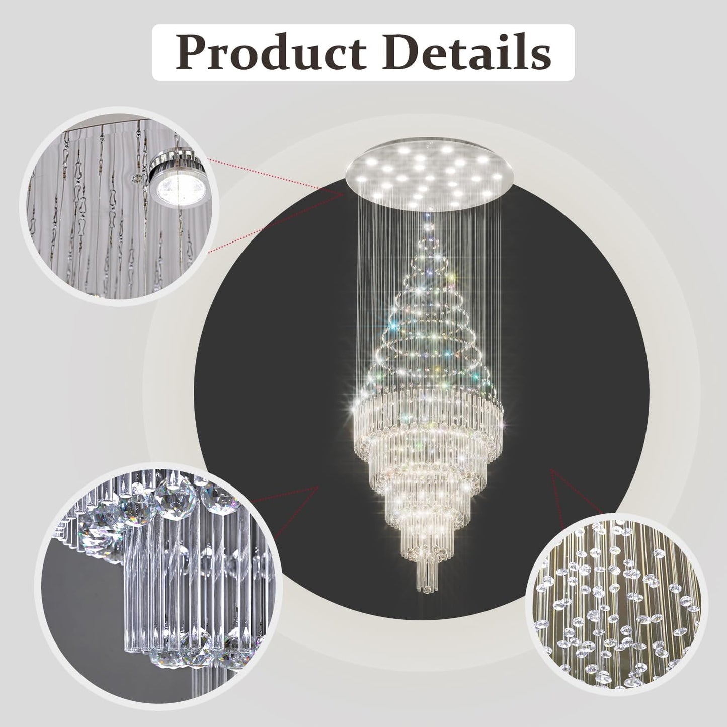 D40''X H110'' Modern Foyer Chandeliers for High Ceiling Raindrop Luxurious Flush Mount Light Fixture for Foyer Crystal Pendant Light Dimmable Lighting with Remote Straircase Fixture