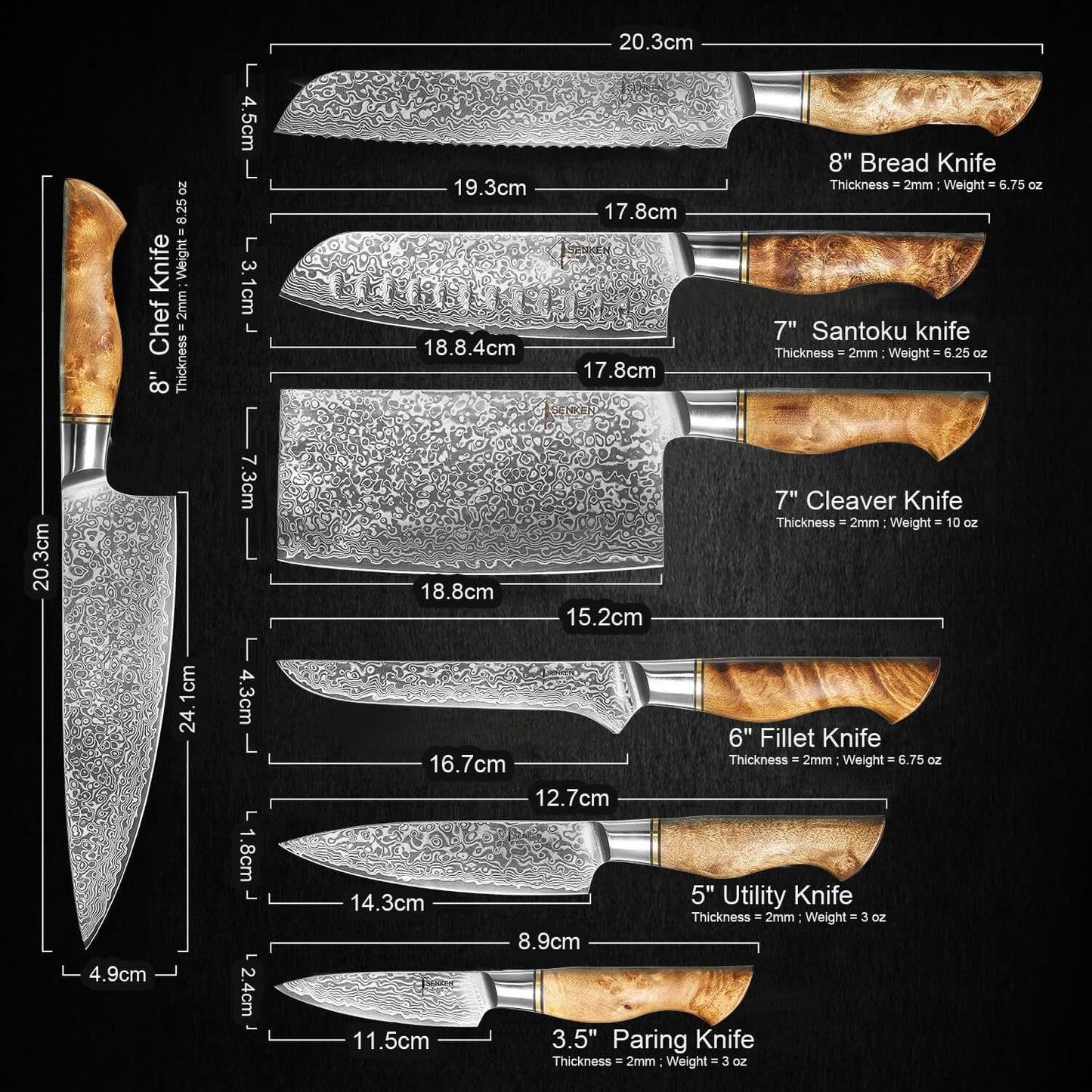 SENKEN 7-Piece Damascus Kitchen Knife Set - Dynasty Collection - 67-Layer Japanese VG10 Steel with Sycamore Wood Handles, Chef'S Knife, Cleaver, Bread, Santoku, Boning, & More