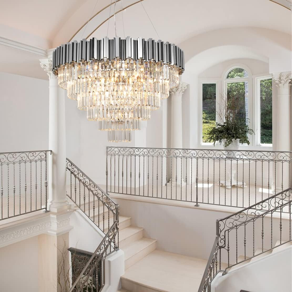 Modern Chandelier Lighting High Ceiling Chrome Crystal Chandelier Large for Foyer Hall Grand Living Room Luxury 6 Tier 17 Light Hanging Ceiling Light Fixture Entry Staircase 35.4"