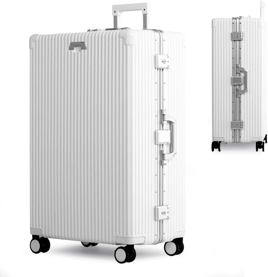 Zipperless Check in Suitcase - Aluminum Frame, Check in Luggage 28X17X11 Airline Approved by Noble Travel - Unbreakable Polycarbonate Shell - Dual TSA Locks, 360° Spinner Wheels - White